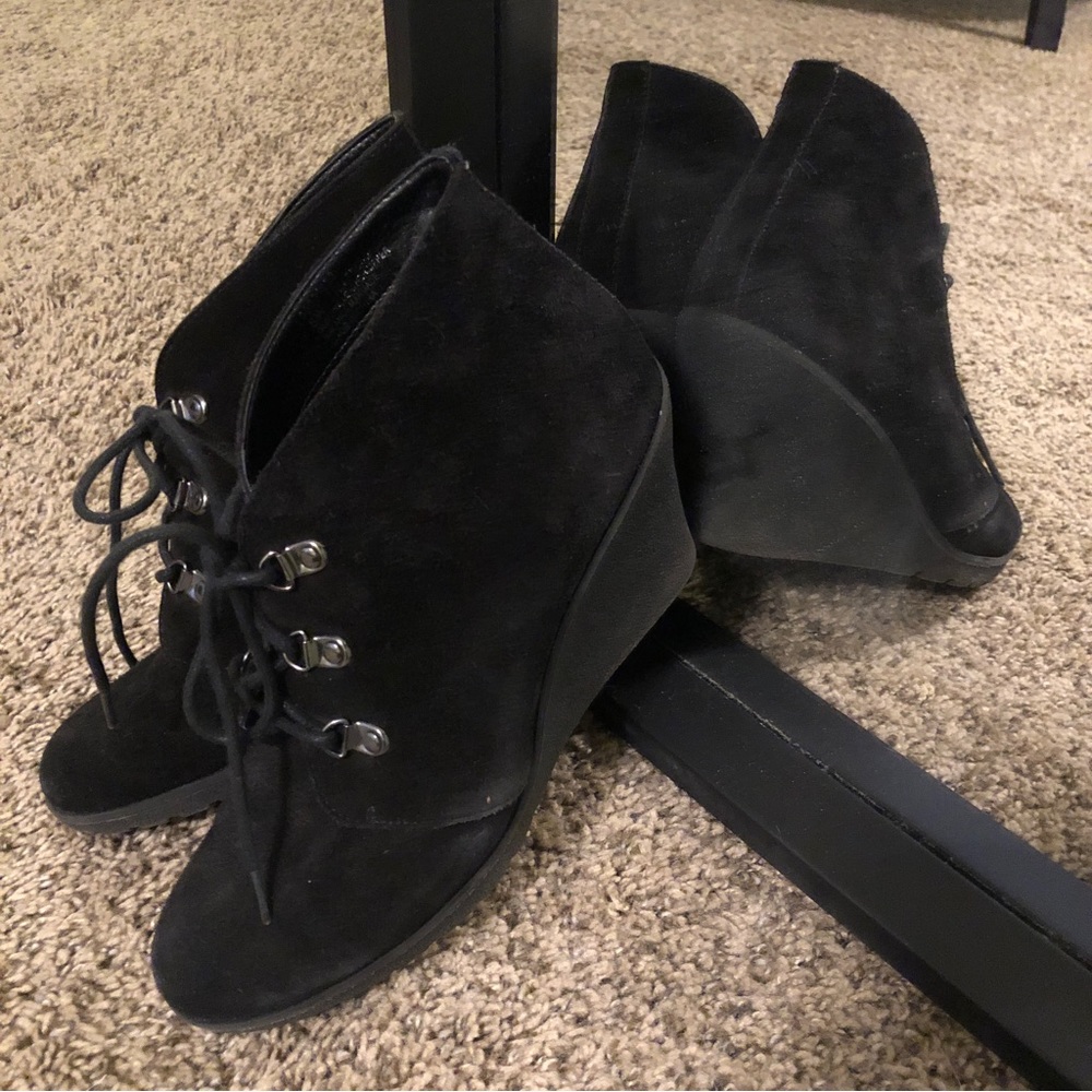 Black Suede Wedge Booties, Susina, size 8W